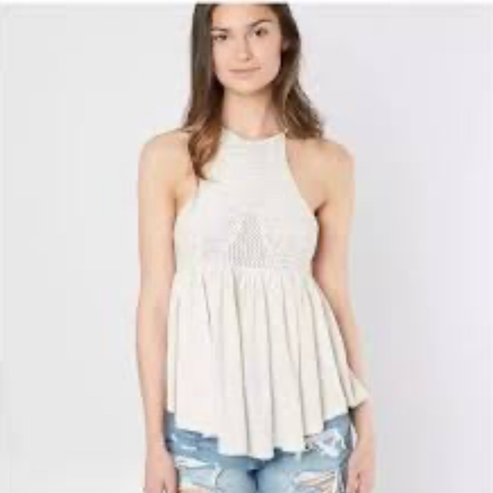 Free People Crochet Halter Tank Top Oatmeal Boho Babydoll Strappy Back Small